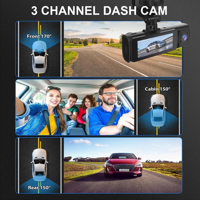 MIOLLYBO 1080P Dash Camera with WiFi for Cars, 3 Channel