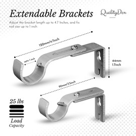 QualityDen Curtain Pole Brackets Adjustable Length of 9 - 12cm - Metal Curtain Rod Brackets Set with Screws for Poles, Wall Rod-Heavy Duty & Rust Resistant (Silver - 3pcs)