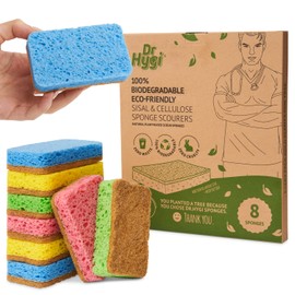 DR HYGI Scrubbing sponges, natural sisal and cellulose washing sponge, 100% biodegradable, no loss bathroom, kitchen and washing up sponges in 4 fun colours (pack of 8 eco sponges set)