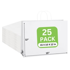 JET PAPER BAGS - Large White Paper Bags with Handles 15”x10”x12” (25 Pcs) Prime for Takeout, Grocery, Goody, Retail, Party, Gifts, Weddings - Recyclable Kraft Paper Gift Bags with Handles