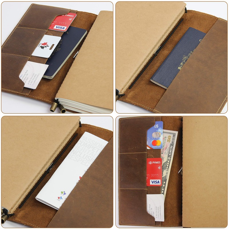 WANDERINGS Leather Notebook with Pockets, 22x11.5cm - Refillable Travel Journal