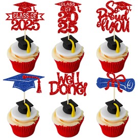 Gyufise 24Pcs Congrats Grad 2025 Cupcake Toppers Glitter 2025 Graduation Done Diploma Cupcake Picks Class of 2025 Cupcake Decorations for 2025 Graduation Theme Party Supplies Red Blue