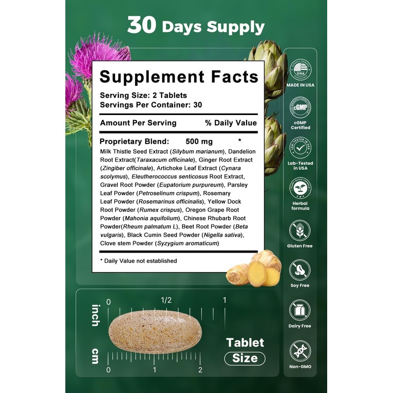 Milk Thistle Liver Support Supplement, 14-in-1 Herbal Formula, 60 Tablets