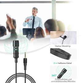 AGPTEK Lavalier Microphone, 2m Mini Omnidirectional Capacitor with 2 Transformation and Type C Adapter and Windscreen for Interview, Video Conferencing, Podcast, Dictation etc.