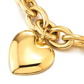 COOLSTEELANDBEYOND Gold Color Stainless Steel Rolo Chain Bracelet with Dangling Puff Heart, High Polished(CA)
