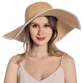 Muryobao Womens Sun Straw Hat Wide Brim UV UPF 50 Summer Hat Foldable Roll up Floppy Beach Cap for Women, Khaki, One Size