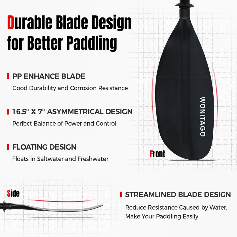 WONITAGO Kayak Paddles with Alloy Shaft and PP Blade, Floating