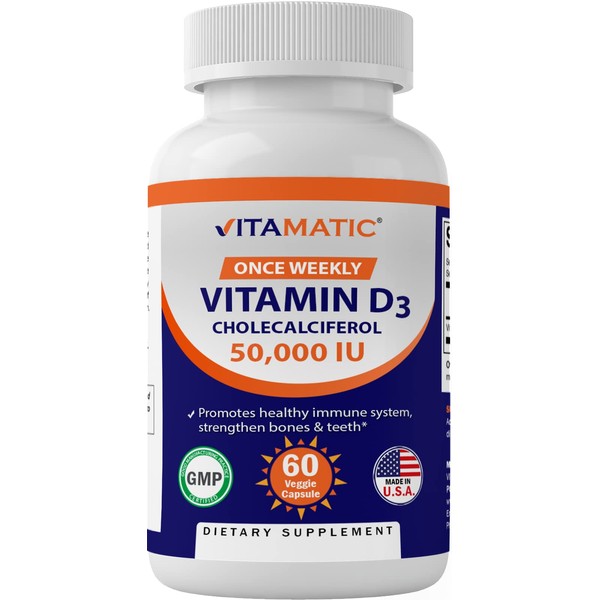 Vitamatic Vitamin D3 50,000 IU (as Cholecalciferol), Once Weekly Dose, 1250 mcg, 60 Veggie Capsules 1 Year Supply, Progressive Formula Helping Vitamin D Deficiencies (60 Count (Pack of 1))