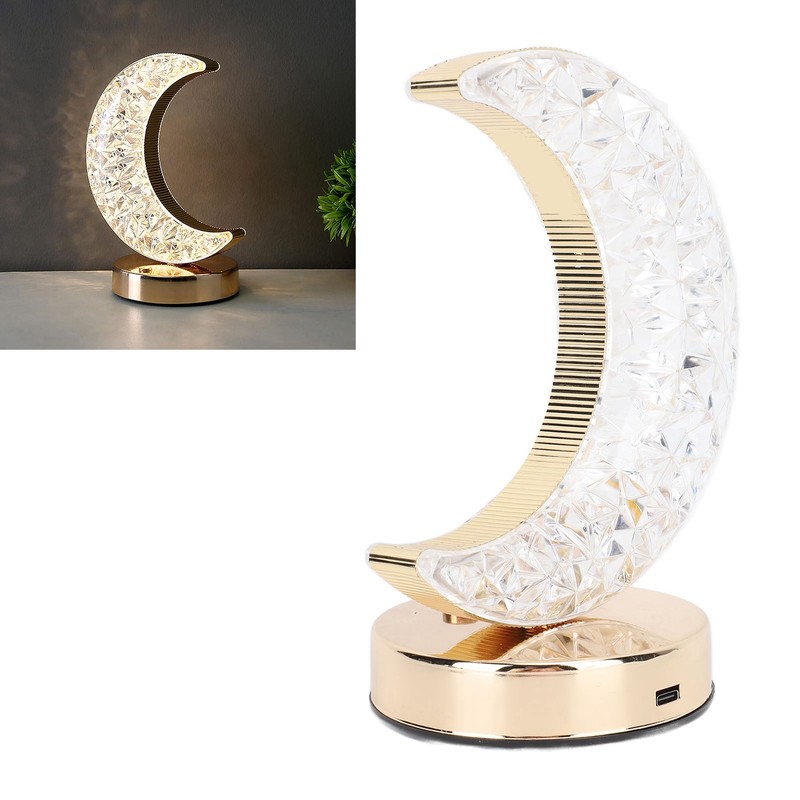 Bedside Table Lamp Crystal Moon Shape Cordless Rechargeable Long Touch