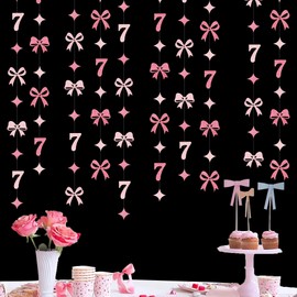 Glitter Pink 7th Bow Birthday Decorations Hot Pink Conquette Bow Garland Streamer Banner Backdrop for Girls Happy 7th Birthday Slayin' Since 2019 Cheers to 7 Years Old Anniversary Party Supplies