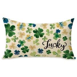 Fahrendom St Patricks Day Lumbar Decorative Rectangle Pillow Cover 12 x 20, Lucky Shamrock Clover Porch Patio Outdoor Pillowcase, Spring Irish Sofa Couch Cushion Case Home Decor