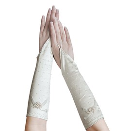 ZaZa Bridal All over Beads Shiny Satin Fingerless Gloves with Beads and Pearls-Ivory