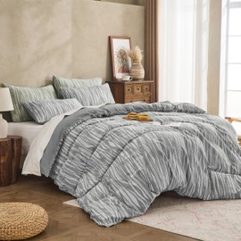 Simple&Opulence 100% Cotton Yarn-Dyed Jacquard Queen Size, 3 Pcs Branch Print Duvet Cover Set with 7 Inner Ties and Zipper Closure, Ultra Soft Bedding Set for All Seasons (Grey, 88" x 92")