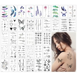Amaxiu 36 Sheets Waterproof Temporary Tattoo Stickers, Black Realistic Temporary Tattoos for Women Men Adults Including Feather Flowers Rose Elf Wings Butterfly