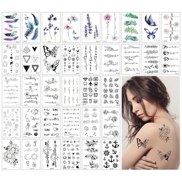 Amaxiu 36 Sheets Waterproof Temporary Tattoo Stickers, Black Realistic Temporary Tattoos for Women Men Adults Including Feather Flowers Rose Elf Wings Butterfly