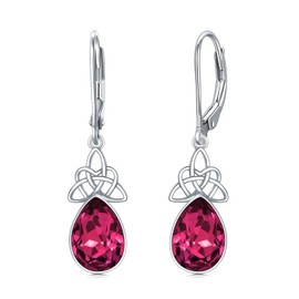 VONALA Celtic Knot Earrings 925 Sterling Silver Simulated Ruby Earrings Red Crystal Leverback Teardrop Earrings July Birthstone Dangle Earrings Irish Jewellery Gift for Women