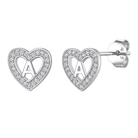 Suplight 925 Stelring Silver Heart Initial Earrings, Cubic Zirconia Heart Shaped Letter A Earrings for Women