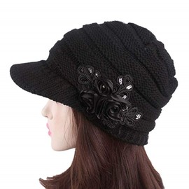 Tuopuda® Strickmütze mit Schild Winter Strickmütze Beanie Cap mit Blume (schwarz)