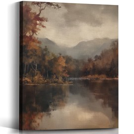Voxitura Vintage Fall Landscape Wall Art Canvas, Rustic Autumn Lake Forest Wall Decor for Thanksgiving, Farmhouse Paintings Pictures Prints Framed Decorations for Bedroom Bathroom Office 12x15in