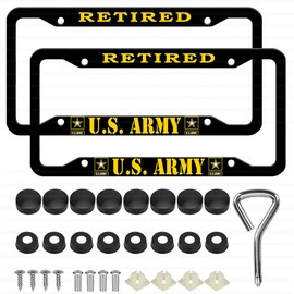 2 Pcs Aluminum Retired License Plate Frame for US Army,4-Hole Matte Black for United States Army Car Licenses Plate Covers Holders Frames for Plates with Screw Caps