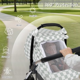 DILIMI Car Seat Covers for Babies, Muslin Cotton Baby Car Seat Cover with Breathable Mesh Window, Summer Infant Car Seat Canopy for Boys Girls Newborn, Green Checkered