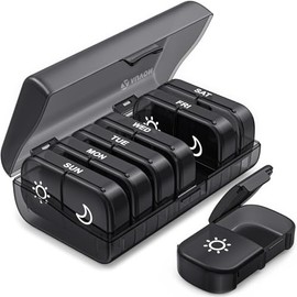 AUVON XL Weekly Pill Organizer 2 Times a Day, Pill Box 7 Day with One-Side Large Openings for Easy to Use, Black Privacy Protection AM PM Pill Case fo