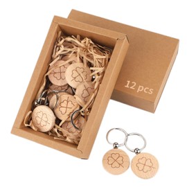 efuturetime 12pcs Wooden Key Ring with Clover, Round, Lucky Charm Key Fob Clover Wood Laser Printed, Key Pendant for Decoration, Gifts