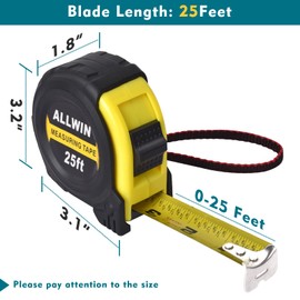 Tape Measure 25 Ft - Metal Retractable Tape Measure with Fractions, Easy Read, 1-inch Wide X 25 Foot