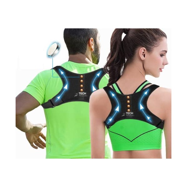 TECH THERAPEUTICS Posture Corrector Women and Men - Back Support for Shoulder, Back, Cervical and Neck Pain Relief - Breathable and Adjustable Upper Back Brace - Back Straightener - Size S-M