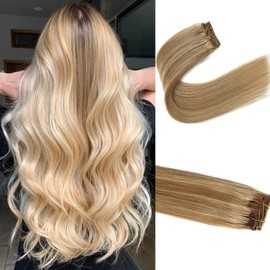 Clip in Hair Extensions Real Human Hair 27/613 Honey Blonde Highlighted Bleach Blonde, Clip in 100% Brazilian Remy Human Hair Extensions 7pcs Per Set with 16 Clips Double Weft 12" 70G