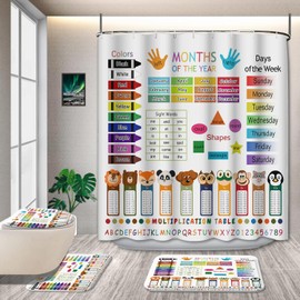 GRIEKOWE 4 Pcs Educational Kids Shower Curtain Set with Non-Slip Rugs, Months, Days, Shapes, and Multiplication Table for Learning – Fun Cartoon Animals Design, Bathroom Decor for Children 72Lx72in