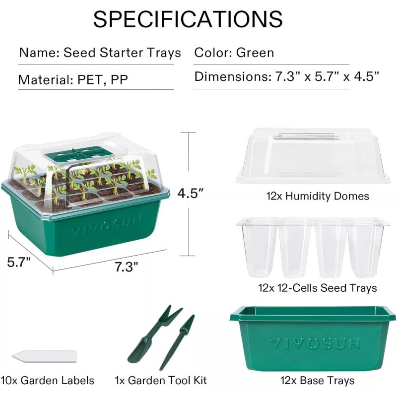 VIVOSUN 12-Pack Seed Starter Trays 144-Cell Germination Reusable Humidity Domes