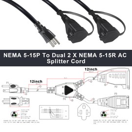 wininks Power Cord Extension Splitter, 1 to 2 Outlet Y Splitter Cable, 2.5FT 2 Ways NEMA 5-15P to 2 X NEMA 5-15R AC Power Cord, Heavy Duty Male to Dual Female 3 Prong Supply Cable, 13A 125V