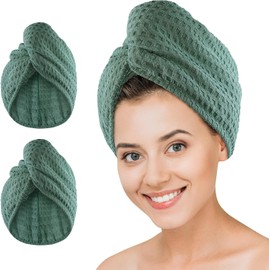 Toalla de microfibra para secar el cabello, 2 paquetes de turbante de pelo largo de gofre, tela de rizo, de secado rápido, antiencrespamiento, torceduras, turbante de ducha rizado para mujer, cabello húmedo (verde)