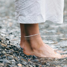 PATISORNA 925 Sterling Silver Ankle Bracelets for Women,Layered Anklets Bracelet for Women Waterproof Link Heart Beads Glitter Rhinestone Anklets Set Summer Beach Anklet Jewelry for Women Gift