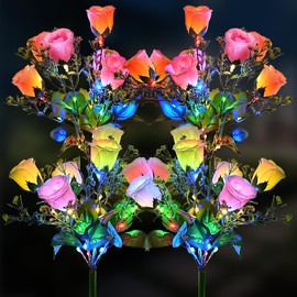 4 Pack Solar Garden Lights Outdoor, LED Colorful Waterproof Solar Powered Rose Flowers Landscape Lights for Outside Yard, Patio, Pathway Decorative, Décor, Gifts, Two Lighting Modes