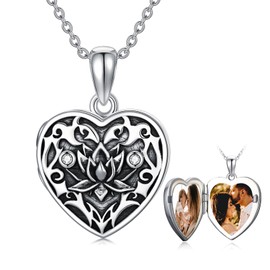 Flpruy Locket Necklace Made of 925 Sterling Silver Locket with Picture to Open, Heart and Round Locket Necklace, Amulet for Opening, Photo Jewellery Gift for Women, Men, Girls, Sterling Silver, No