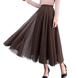 HDONYUi Women's Skirt, Long, Spring, Summer, Pleated, Tulle, Maxi Length, Flare, Fluffy, Chiffon, Stylish, Elegant, Lined, Elastic Waist, Solid Color, Voluminous, Cute, Beautiful, coffee