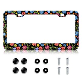 HCSS Colorful Folk Flower License Plate Frame Novelty Daisy Wildflower Stainless Steel License Plate Holder Cover Rust-Proof Waterproof Car Decorative Tag Frames for Standard US 12x6 Inch