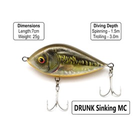 EVERBAY DORADO Wobbler Fishing Lure - Artificial Hard Crankbait - Fishing Tackle, Topwater Life-Like Swimbait for Perch Pike Zander Catfish Chub Barbel Trolling in Freshwater, Sinking - DRUNK 7cm MC