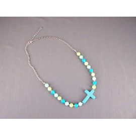 Turquoise Aqua Blue Green Silver Tone Cross Pendant 18-20" Long Necklace For Women