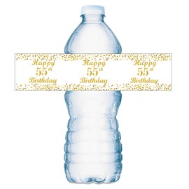 55th Birthday Water Bottle Labels; Set of 20 Waterproof Water Bottle Wrappers;Gold and White. Happy Birthday Labels