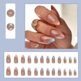 AkiliBIELY French Tip Press on Nails Almond Short Medium Holographic Fake Nails Pink Gold Ombre Blue Curve Glue on Nails Fantasy Women Stick on Nails Acrylic False Nails Wedding Birthday