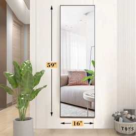 OLIXIS Full Length Mirror 59"x16" for Bedroom, Full Body Mirror with Stand, Hanging or Leaning for Wall, Aluminum Alloy Thin Frame Floor Standing for Living Room, Long, Deep Black