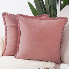 Madizz Set of 2 Suede Cushion Covers with Fringe Tassels 22x22 inch, 55x55 cm, Light Pink Soft Decorative Throw Pillow Cases for Sofa Bedroom Pillow Shell