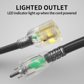 POWGRN 15 Ft 10AWG Black Outdoor Extension Cord Waterproof Heavy Duty 10 Gauge 3 Prong, Flexible Cold-Resistant Power Cord Indoor & Outside with Lighted Indicator End, 15Amp 1875W SJTW ETL Listed