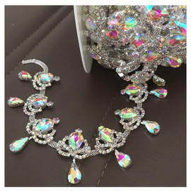 1 Yard Crystal AB Fringe Rhinestone Chain Bridal Applique Beaded Trim Silver/Gold (Crystal AB - Silver Base)