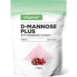 vit4ever D-Mannose Powder with Cranberry Extract - High Dose with 2000 mg D-Mannose & 500 mg Cranberry - 300 g Powder - 120 Applications - Vegan