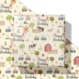 SaringSwoon Farm Birthday Wrapping Paper for Kids Adults - Funny Gift Wrap with Tractors, Animals, Happy Birthday, Balloons, Floral & Tree Design for B-Day, Baby Shower - 40×28 Inches, 4 Sheets