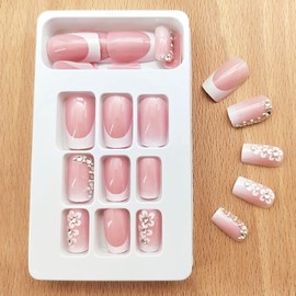 White French Tip Press on Nails Medium Square Fake Nails Ombre Acrylic Nails Press ons with Flower Rhinestones White Nail Tips Full Cover Artificial Cute Glue on Nails for Women Girls 24Pcs